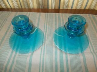 Vintage Set Of 2 Aqua Blue Glass Candle Stick Holders Candleholders