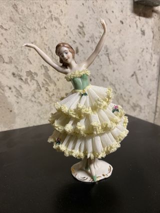 Vintage Dresden Yellow Lace Dancing Ballerina 7” Green Dress Shoes -