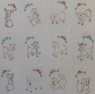 12 Vintage Embroidered Animal Blocks For Child’s Quilt.  Now With