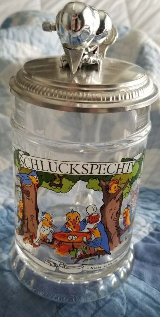 Vintage German Schluckspecht Hand Painted Glass Stein With Wind - Up Woodpecker