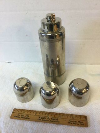 Rare Vintage Art Deco Chrome Cocktail Shaker Flask Set W 3 Cups Made In Germany