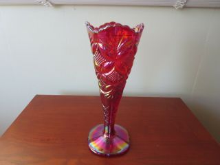 Vintage Fenton Iridescent Red Carnival Glass Scalloped Rim Fluted Trumpet Vase