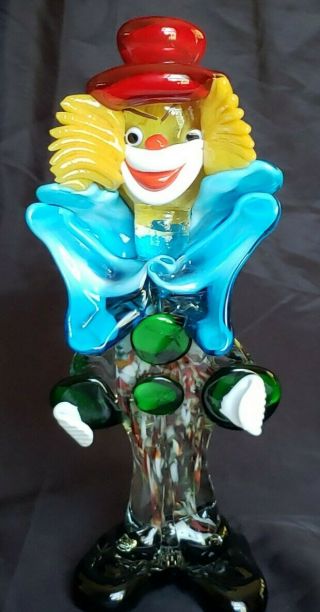 Vintage Murano Art Glass Italy Happy Clown 9 " Blue Bow,  Red Hat,  Colorful