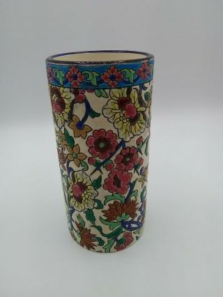 Vintage Longwy French Art Pottery Vase Floral Decoration Enamel 6 1/2 " Tall