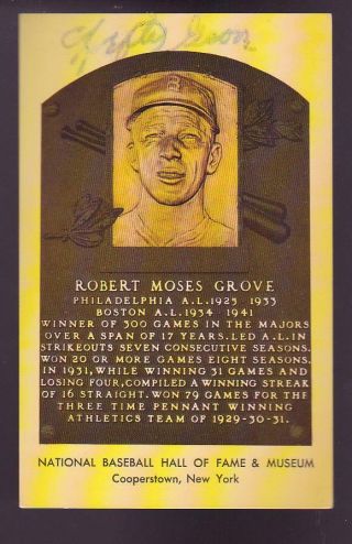 Lefty Grove (d.  1975) Signed Hall Of Fame Plaque Gold Postcard Autographed