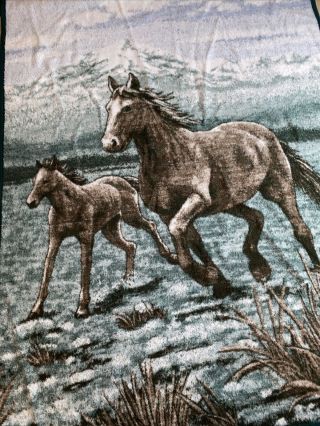 Vintage Biederlack Blanket Horse Foal Running Reversible 74” X 55” Made In Usa