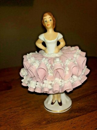 Vintage Dresden Sandizell West Germany Porcelain Ballerina Lady,  4 " Pink Dress