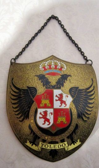 Vintage Brass Enameled Hanging Convex Shield 6 - 5/8 " X 5 - 1/2 " Toledo Spain Vgc