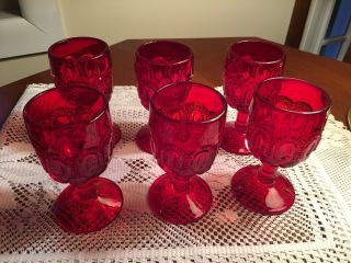 Vintage L.  E.  Smith Moon And Stars Ruby Red Cordial Wine Glasses 4 1/2 ",  Set Of 6