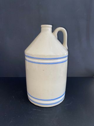 Antique Vintage Primitive Stoneware Crock Whiskey Jug Light Blue White Stripes