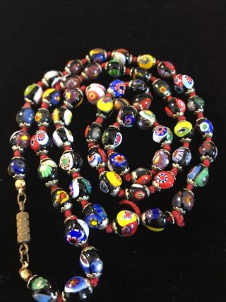 Vintage Multi Color Hand Knotted Venetian Millefiore Glass Bead Necklace 28 "