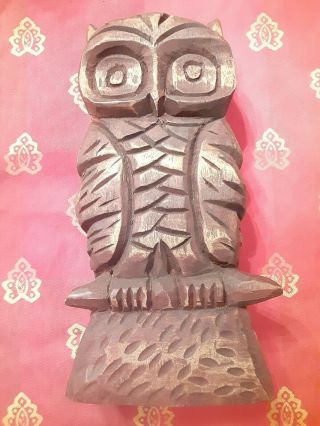 Retro Vintage Hand Carved Solid Wooden Owl Sculpture Figurine Bird Statue 10 "