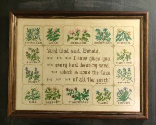 Vintage Needlepoint Cross - Stitch Scripture Herbs Wood Frame With Glass 26”x20”