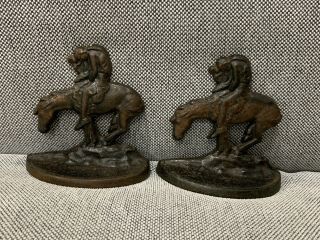 Vtg Cast Iron Pair The Last Trail Bookends Native American Indian On Horseback