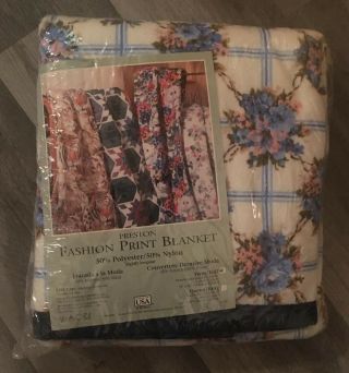 Vtg Fashion Printed Blanket Blue Floral Preston Usa Twin - Full Bed Noswt Nip