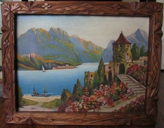 Vintage Scenic Waterscape Villa Oil Painting In Carved Wood Frame - Small