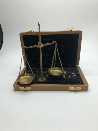 Vintage Brass Balance Scale With Weight In Wood Case