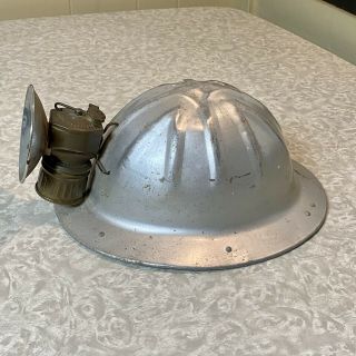 Vintage Miners Aluminum Hard Hat Helmet w/ Brass Lantern / Lamp.  B.  F.  McDonald 2