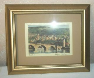 Vintage Color Print Of Heidelberg Germany Landscape/signed Artist/gold Frame