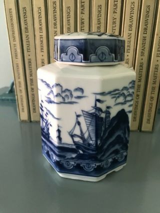 Vtg Andrea By Sadek Blue And White Porcelain Ginger Jar Nautical Theme