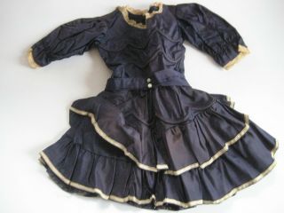 C.  1900 Blue Satin Ruffled Skirt Doll Dress With White Lace Trim