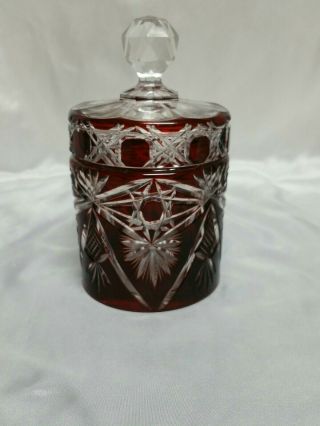 Vintage Bohemian Crystal Red Cut To Clear Jar With Lid