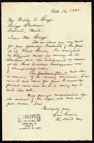 Sam Greene (d.  1963) Signed 1945 Letter Detroit News Sent To Walter Briggs Tigers