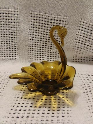 Vintage Amber Viking Art Glass Yesteryear Bullseye Pattern Swan Candy Dish Decor