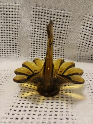 Vintage Amber Viking Art Glass Yesteryear Bullseye Pattern Swan Candy Dish Decor 2