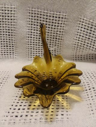 Vintage Amber Viking Art Glass Yesteryear Bullseye Pattern Swan Candy Dish Decor 3