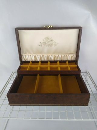 Vintage Mele Jewelry Box Brown Gold & Satin Floral Accents Inside 2 Tier