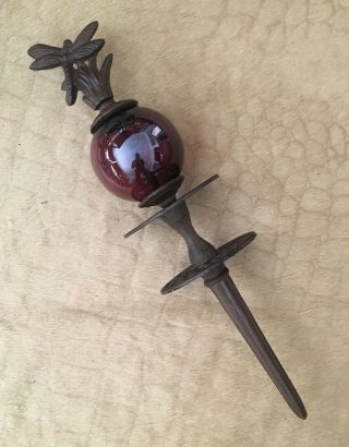 Vintage Hose Guard Guide Metal Garden Stake With Glass Globe And Dragonfly