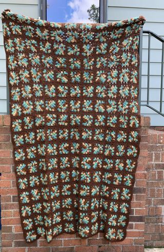 Vtg Granny Square Black Afghan Crochet Knitted Handmade Throw Blanket 45”x78”