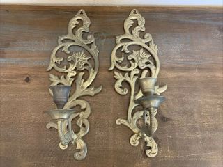 Vintage Pair Brass Wall Hanging Sconces Candle Holder 15” X 5 " Made In India