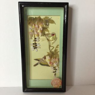 Vintage Carved Shell Art Mother Of Pearl Asian 3d Shadow Box Frame Birds Flower