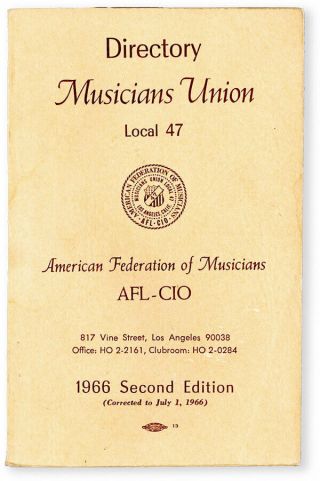 Amer.  Federation Of Musicians - Directory,  Los Angeles Local 47 - 1966