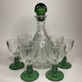 Vintage Decanter And 6 Glasses Avon 1980 Emerald Green Stems And Stopper
