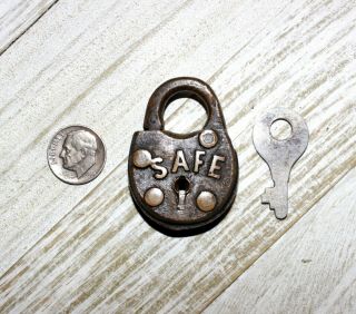Small Antique Solid Brass Lever Safe Padlock & Miller Key Miniature Vtg Old Lock
