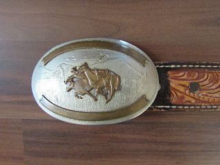 Vintage Comstock Sliversmith German Silver Belt Buckle W/ Tony Lama Leather Belt