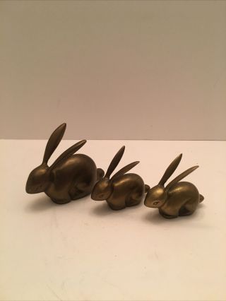 Vintage Brass Bunny Rabbits Set Of 3 Metal Animal Figure Easter Paperweights