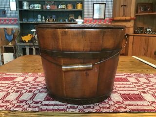 Vintage Primitive Wood Pail With Bail Handle And Cover Keene Hampshire