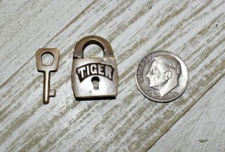 Small Antique All Brass Tiny Tiger Padlock & Key Miniature Vtg Old Lock