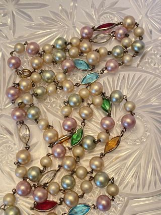 Vtg Open Bezel Austrian Crystal Pearl Necklace Colorful Art Deco Long Flapper