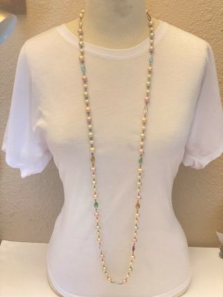 VTG Open Bezel Austrian Crystal Pearl Necklace Colorful Art Deco Long Flapper 2