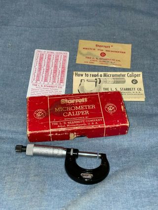 Starrett Micrometer Caliper No.  436 - 1 In With Papers & Box Vtg Machinist Tool
