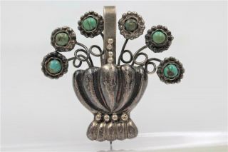 Vintage Taxco Mexico 980 Sterling Silver Turquoise Flower Basket Pendant Or Pin