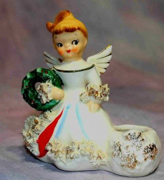Vintage Japan Angel Holding Wreath Candle Holder Figurine Spaghetti Trim