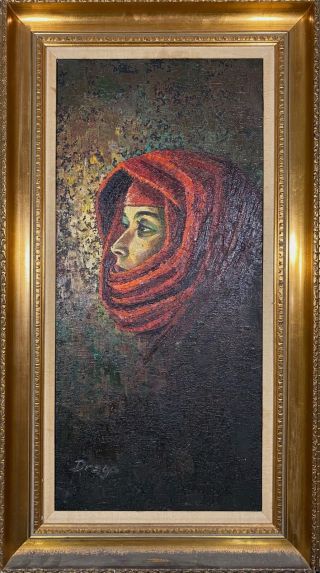 Vintage Realistic Portrait Of Muslim Arab Woman Mystic Gazing Eyes Oil Painting