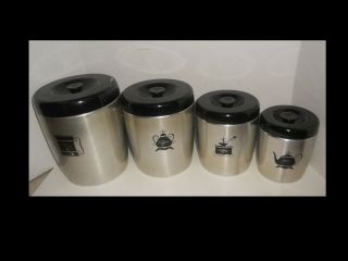 Vintage Mcm Brushed Aluminum 4 Piece Canister Set Flour Sugar Coffee Tea