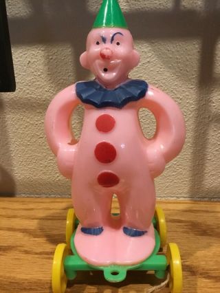 Vintage Rosbro Hard Plastic Pink Pull Toy Zook The Clown On Wheels
